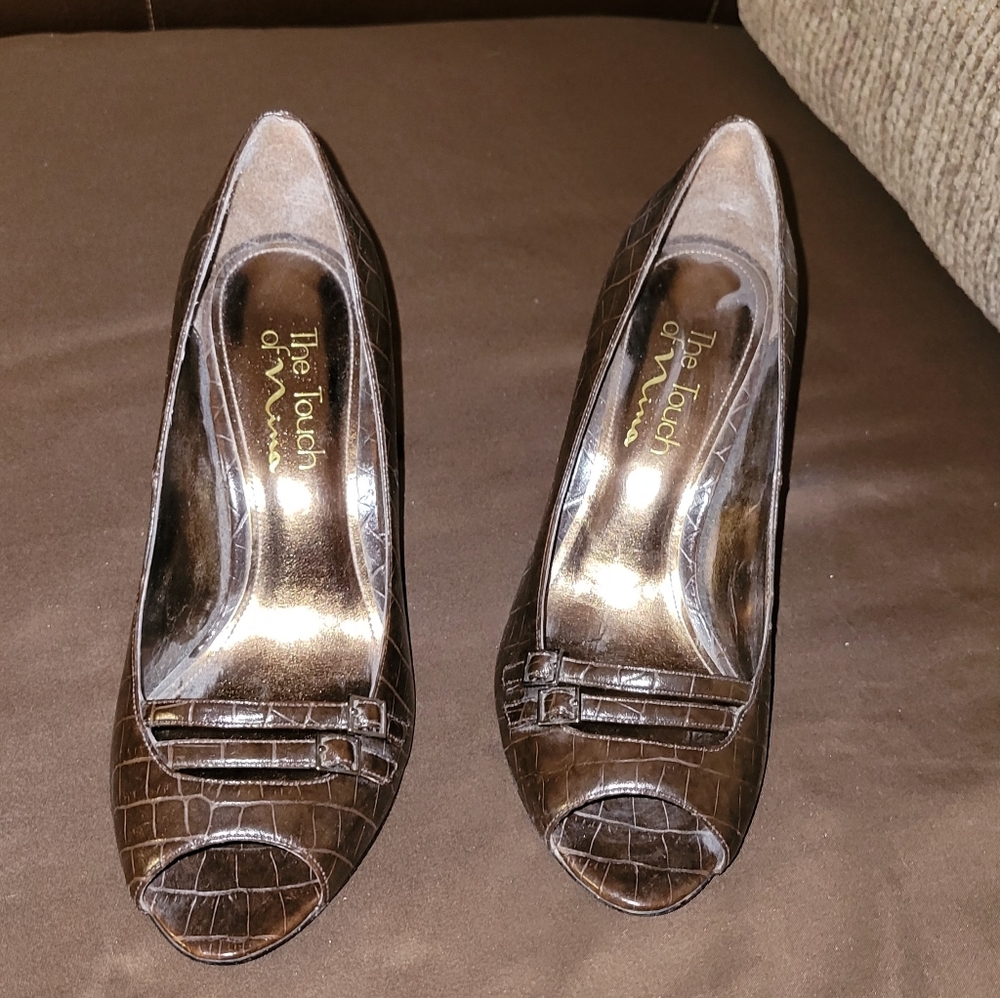 Peep Toe Snakeskin Brown High Heels Sz 6.5